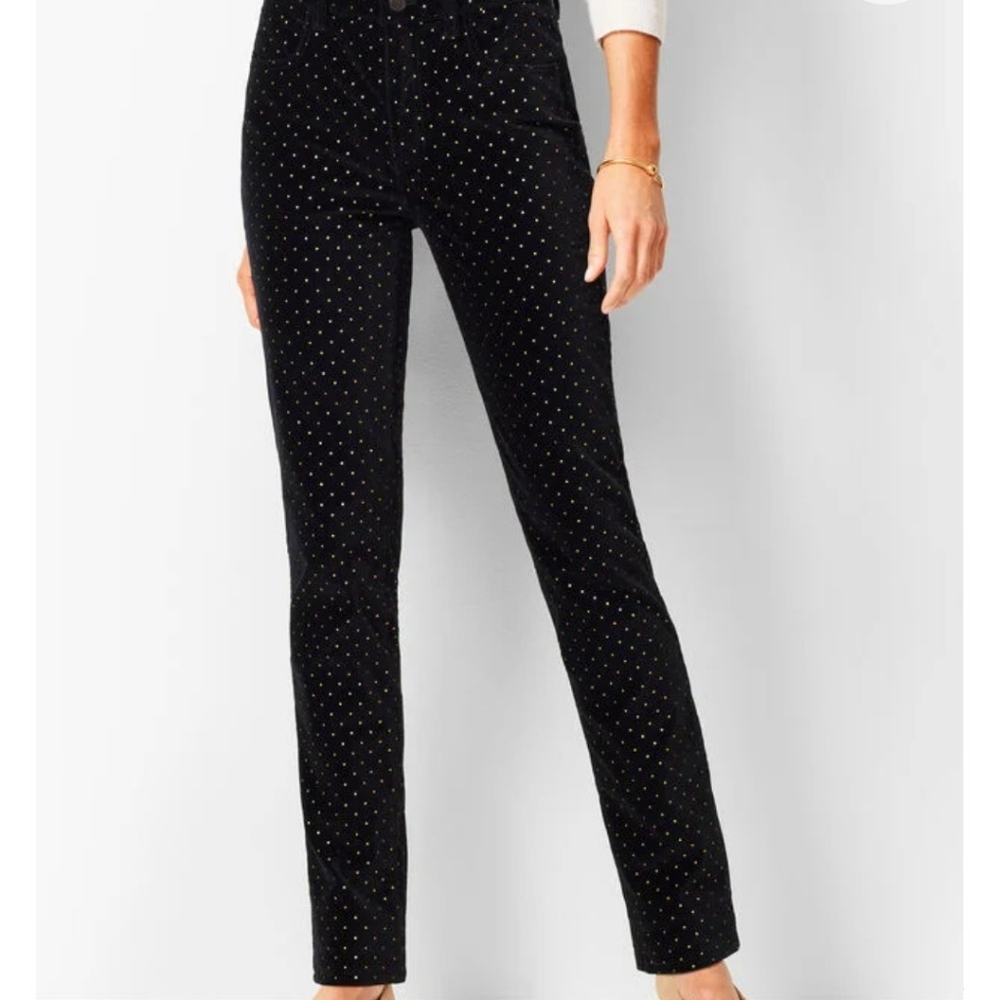 Talbots Highrise Velvetine Straight Leg Pants Black Gold‎ Dot Cotton Blend Sz 4